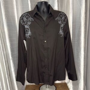 Level Ten Men’s XXL Textured Striped Brown Floral Graphics Button Up Shirt